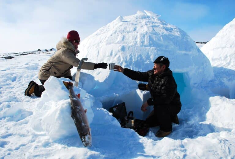 man and woman cheering cups together in front of an igloo surrounded by snow